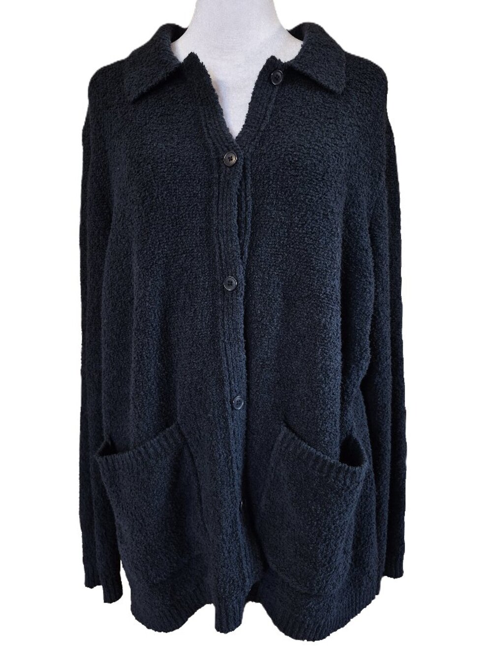 Eileen Fisher Organic Cotton Fluff Boucle Collared Cardigan Sweater Black Size L